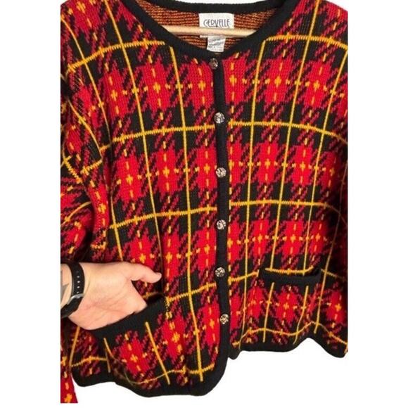 Cervelle Cardigan Grandpa Sweater Size XL Plaid Red Black Gold Buttons Vintage - Picture 4 of 8